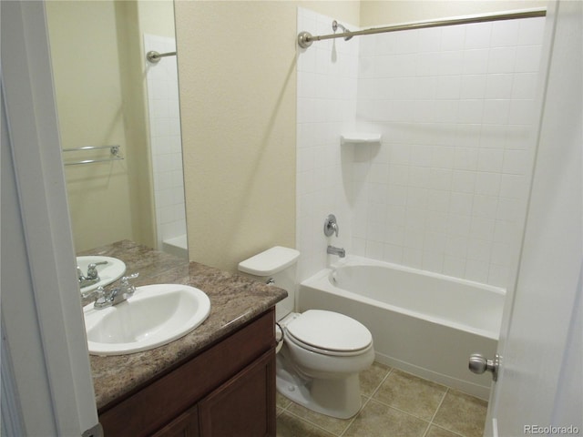 bathroom with tile patterned flooring, shower / bathing tub combination, vanity, and toilet