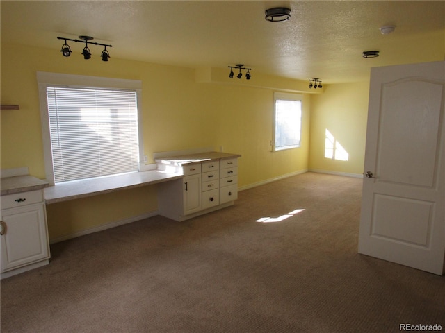 unfurnished office featuring light colored carpet, rail lighting, built in study area, a textured ceiling, and baseboards