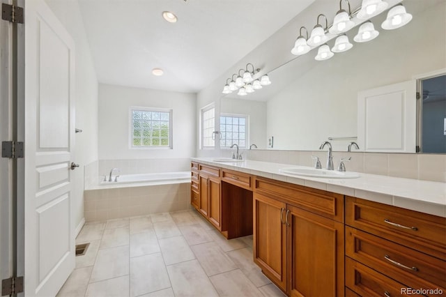 11969 E Lake Cir, Greenwood Village, CO 80111 - full bath with double vanity, a bath, tile patterned floors, and recessed lighting