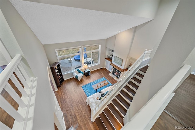 living room featuring lofted ceiling, a textured ceiling, and dark hardwood / wood-style flooring