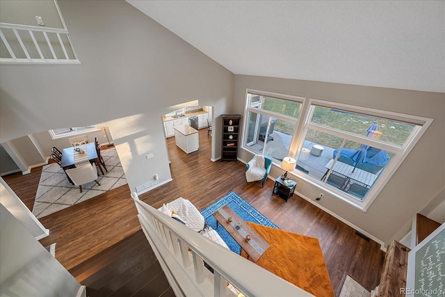 living room with dark hardwood / wood-style flooring and high vaulted ceiling