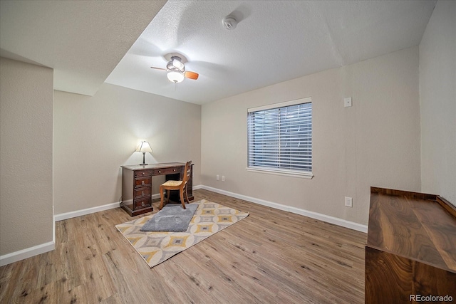 office space featuring ceiling fan, light hardwood / wood-style floors, and a textured ceiling