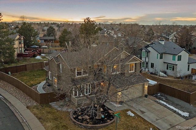 view of aerial view at dusk