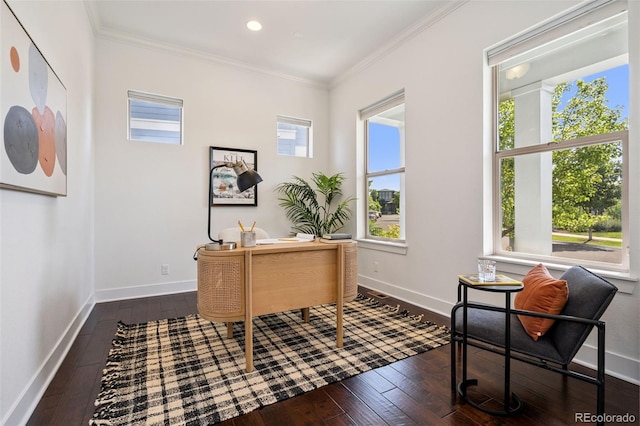 5068 Yosemite Ct, Denver, CO 80238 - home office with wood-type flooring, crown molding, and recessed lighting