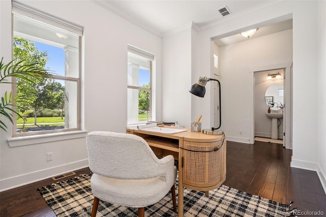 5068 Yosemite Ct, Denver, CO 80238 - office space with plenty of natural light, dark wood finished floors, and crown molding