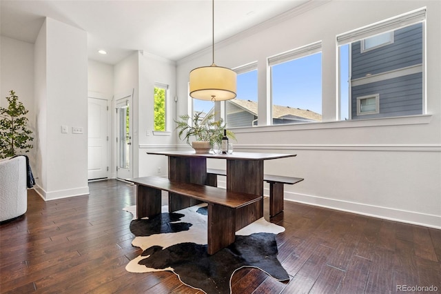 5068 Yosemite Ct, Denver, CO 80238 - dining space with dark wood-style floors, ornamental molding, and recessed lighting