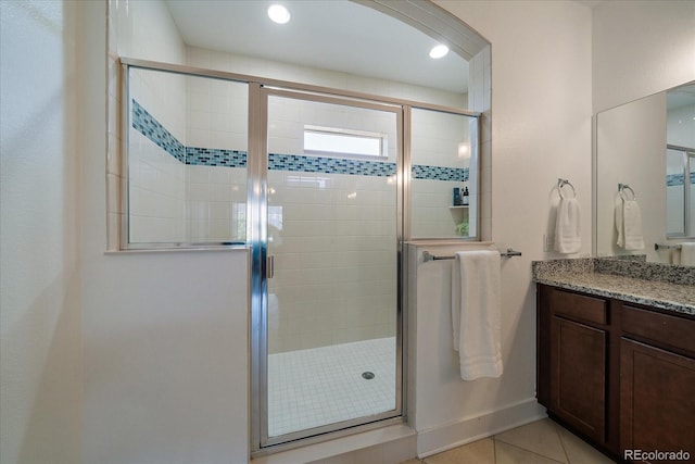 5663 W 96th Ave, Westminster, CO 80020 - full bath featuring vanity, tile patterned flooring, a shower stall, and recessed lighting