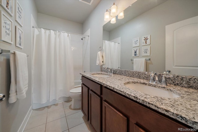 5663 W 96th Ave, Westminster, CO 80020 - bathroom featuring double vanity, shower / bath combo with shower curtain, and tile patterned floors
