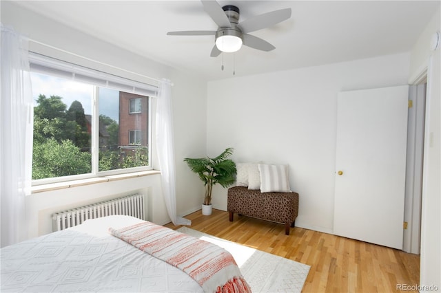 85 N Grant St Unit 27, Denver, CO 80203 - bedroom with radiator heating unit, wood finished floors, and ceiling fan