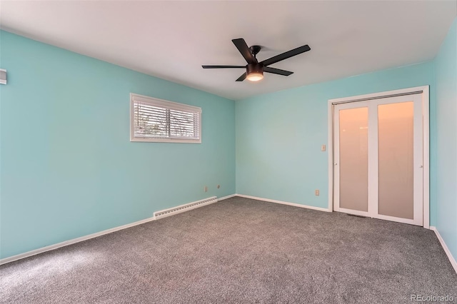 8095 E Lehigh Ave, Denver, CO 80237 - unfurnished bedroom featuring a baseboard radiator, carpet flooring, baseboards, and a ceiling fan