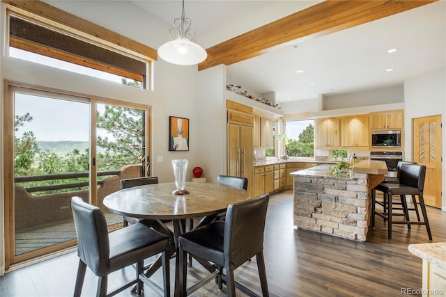 dining area with beam ceiling and dark hardwood / wood-style flooring