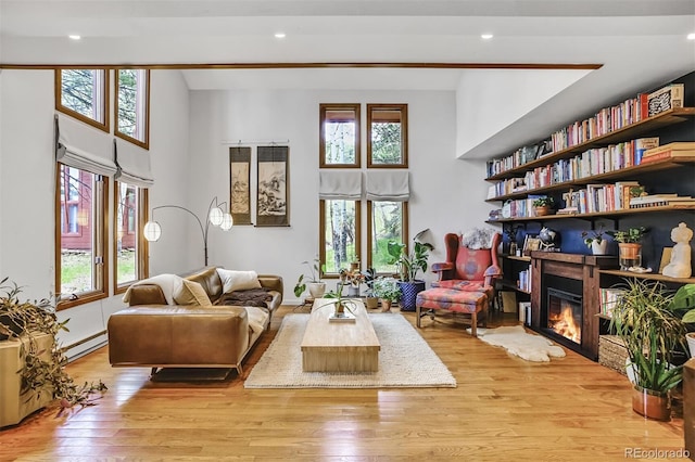 23646 Genesee Village Rd, Golden, CO 80401 - living area featuring a baseboard radiator, light wood finished floors, a glass covered fireplace, a towering ceiling, and recessed lighting