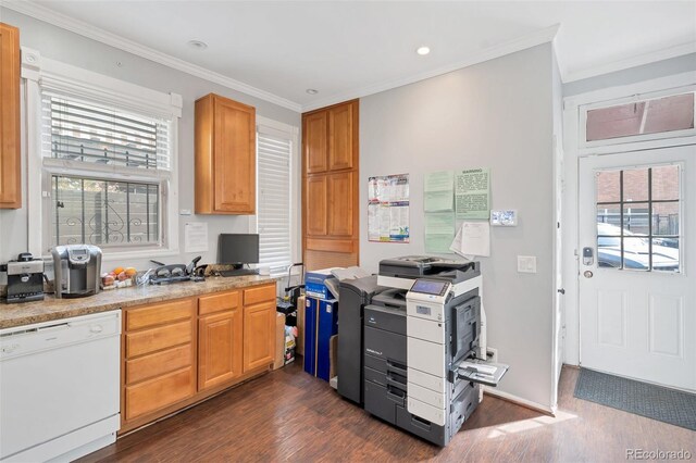 kitchen with dishwasher, crown molding, dark hardwood / wood-style flooring, and a wealth of natural light