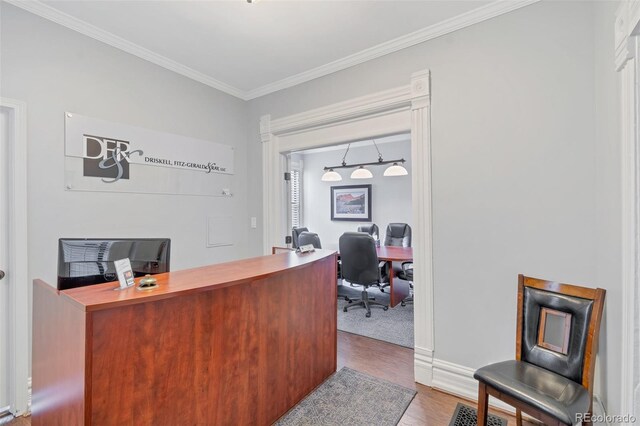 office with light wood-type flooring and crown molding