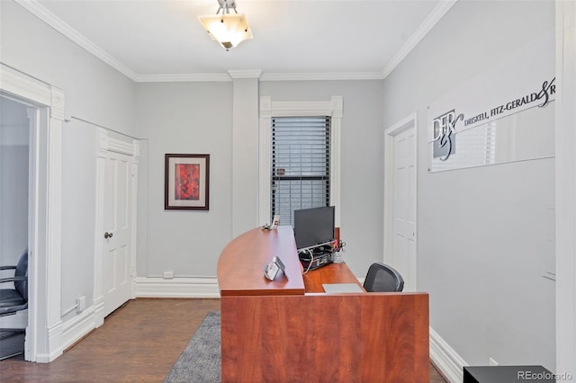 office space featuring dark wood-type flooring and ornamental molding