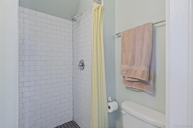 bathroom featuring toilet and curtained shower