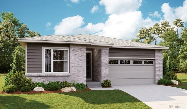 view of front facade featuring a garage, brick siding, concrete driveway, roof with shingles, and a front yard