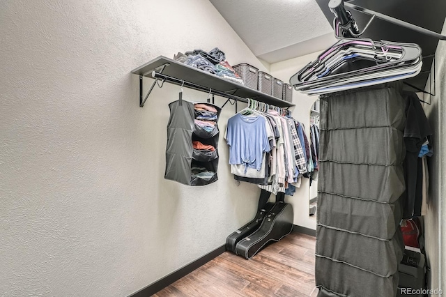 spacious closet featuring vaulted ceiling and wood finished floors