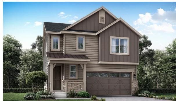 craftsman-style home featuring an attached garage, driveway, board and batten siding, and stone siding