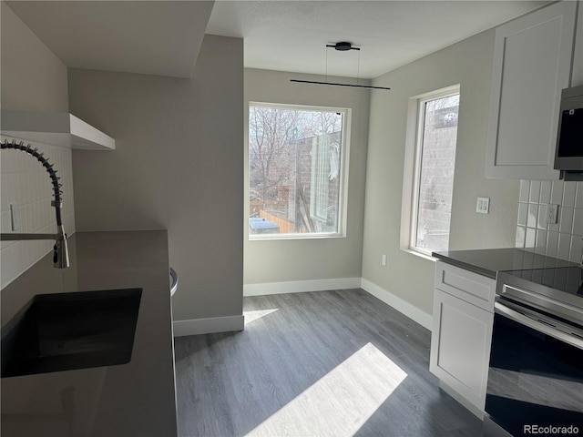 1642 N Lafayette St Unit 5, Denver, CO 80218 - kitchen with range with electric cooktop, wood finished floors, dark countertops, white cabinetry, and backsplash