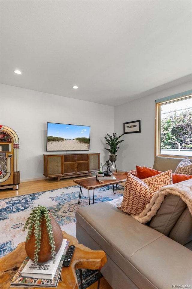 350 Holly St, Denver, CO 80220 - living room with wood finished floors, recessed lighting, and baseboards