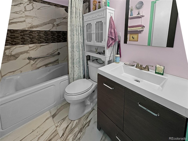 bathroom with vanity, marble finish floor, shower / bath combo, and toilet