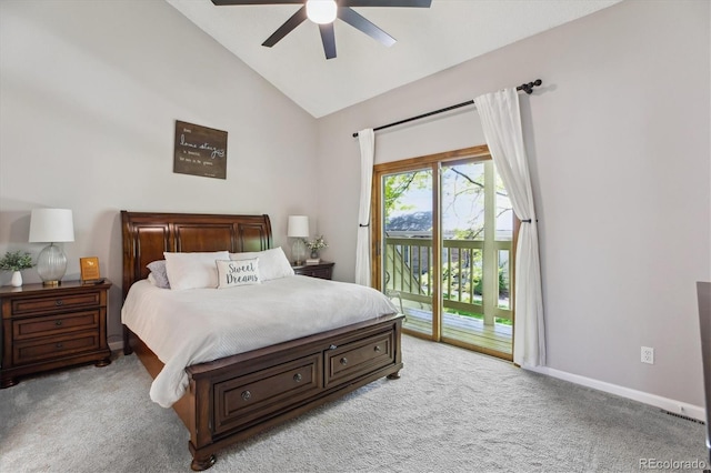 7589 S Cove Cir, Centennial, CO 80122 - bedroom with access to outside, light colored carpet, ceiling fan, and high vaulted ceiling