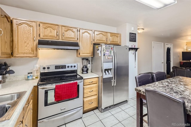 465 Miller Ave, Brighton, CO 80601 - kitchen featuring light tile patterned flooring, under cabinet range hood, stainless steel appliances, open floor plan, and light countertops