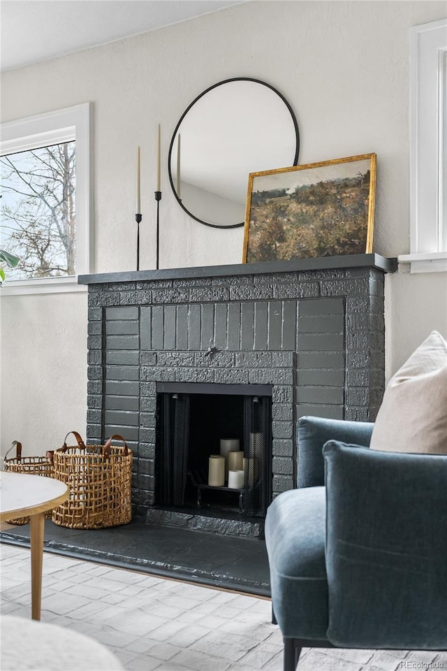 room details featuring a fireplace