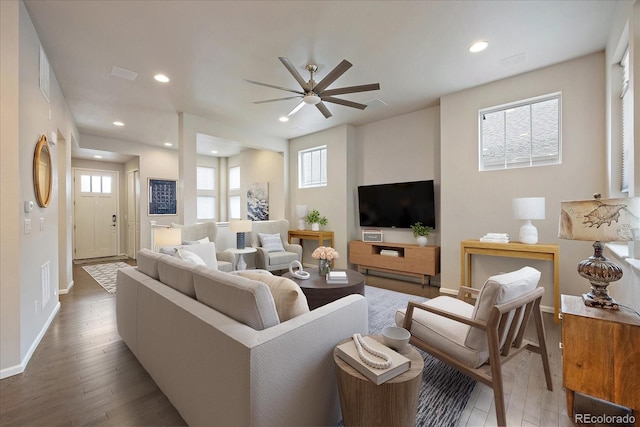 3336 Goodyear St, Castle Rock, CO 80109 - living area featuring ceiling fan, hardwood / wood-style flooring, and recessed lighting