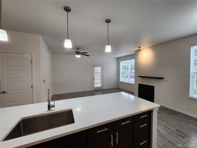 9220 Wilde Ln Unit 102, Parker, CO 80134 - kitchen featuring a sink, open floor plan, dark cabinets, decorative light fixtures, and ceiling fan