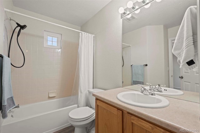 full bathroom with shower / tub combo, vanity, toilet, and wood-type flooring