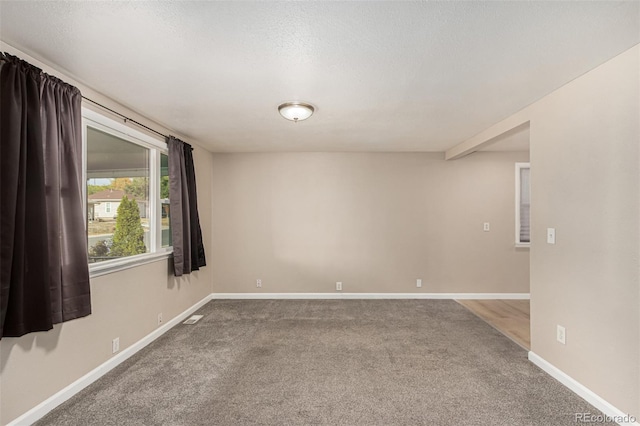 empty room featuring beam ceiling, carpet, and a textured ceiling