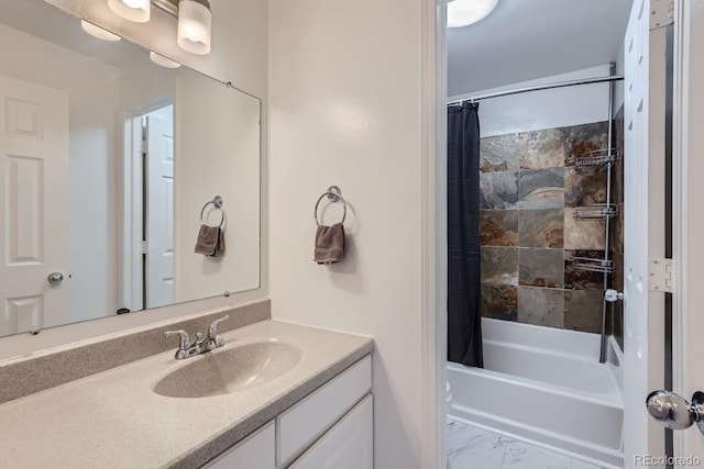 full bathroom featuring vanity, shower / bath combination with curtain, and marble finish floor