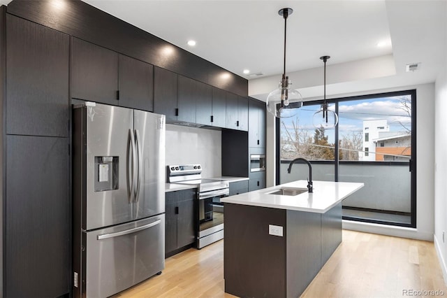 kitchen featuring stainless steel appliances, light countertops, visible vents, a sink, and light wood-type flooring