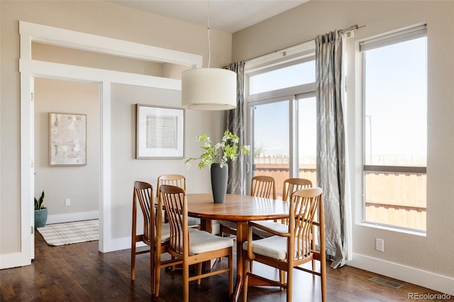 dining room with baseboards, dark wood-style flooring, and visible vents