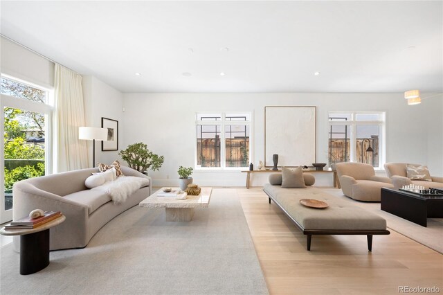 living room with plenty of natural light and wood finished floors