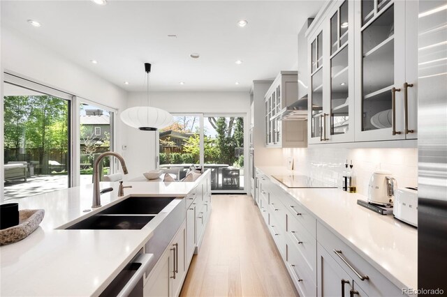 kitchen with a sink, plenty of natural light, light wood-style floors, light countertops, and recessed lighting