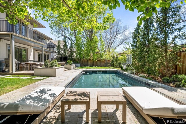 view of pool with a patio, a fenced backyard, and a grill