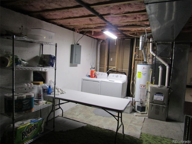 basement with washing machine and clothes dryer, electric panel, and water heater