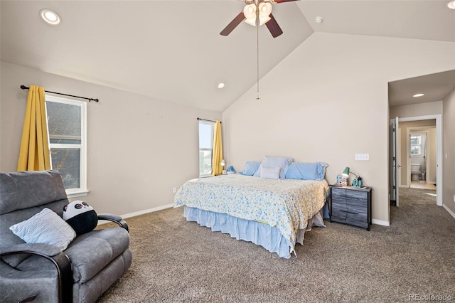 bedroom featuring ceiling fan, high vaulted ceiling, and carpet