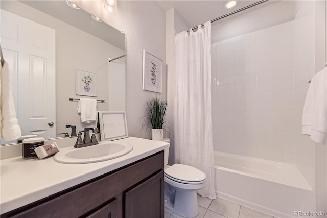 full bathroom featuring tile patterned flooring, vanity, shower / bath combination with curtain, and toilet