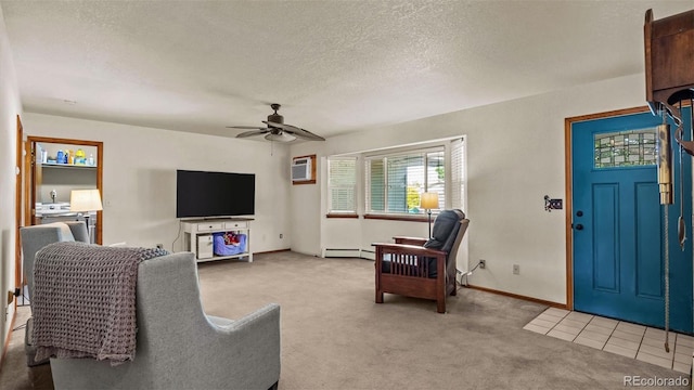 3102 Pine Cone Ct, Grand Junction, CO 81504 - carpeted living room featuring ceiling fan, a wall unit AC, baseboards, baseboard heating, and a textured ceiling
