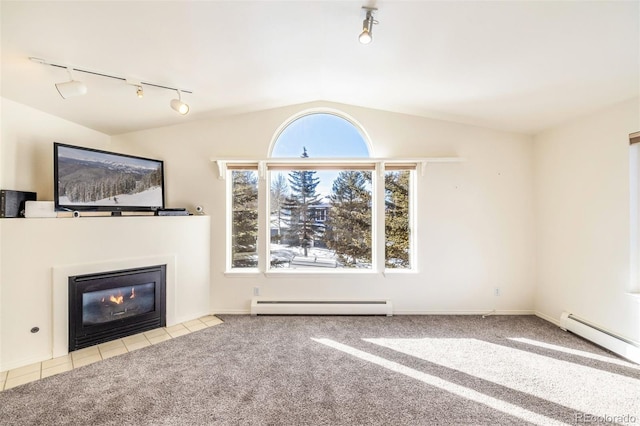 unfurnished living room featuring lofted ceiling, a baseboard radiator, and light colored carpet