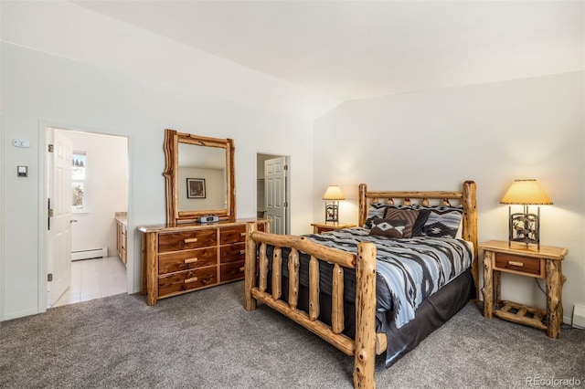 carpeted bedroom featuring ensuite bath, vaulted ceiling, and baseboard heating