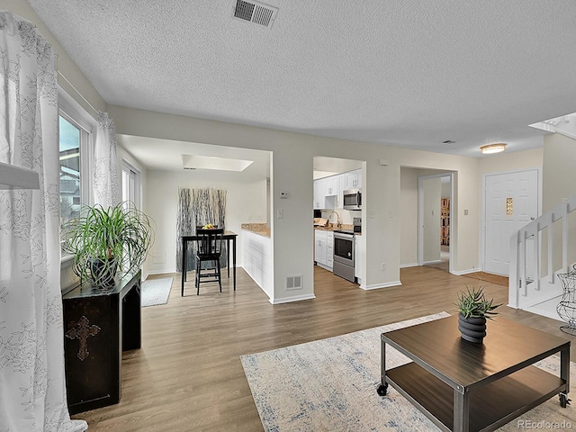 living room featuring a skylight, wood-type flooring, and a textured ceiling