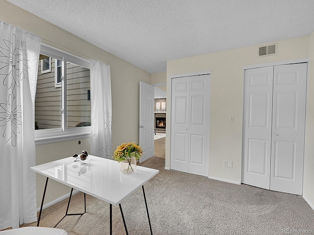 office with carpet floors and a textured ceiling