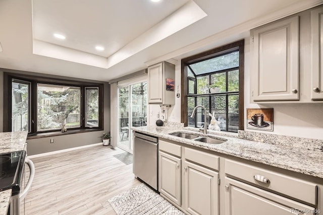 7727 Maroon Peak, Littleton, CO 80127 - kitchen featuring appliances with stainless steel finishes, plenty of natural light, a tray ceiling, light stone counters, and recessed lighting