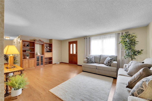 living room featuring hardwood / wood-style floors and a textured ceiling