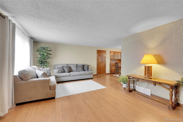 living room with hardwood / wood-style floors and a textured ceiling